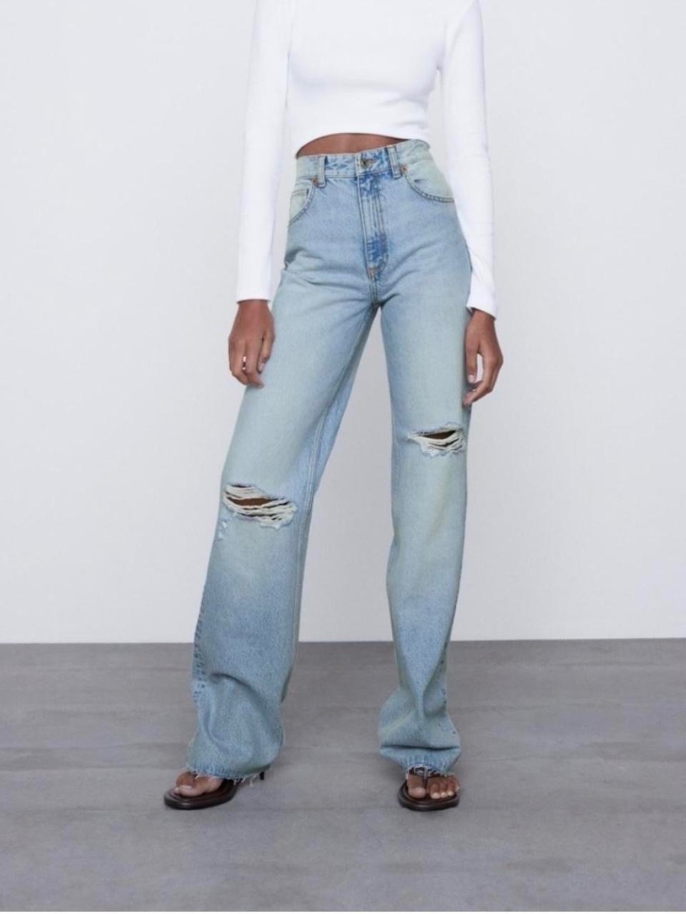 Zara Light Blue High-Rise Distressed Wide-Leg Jeans